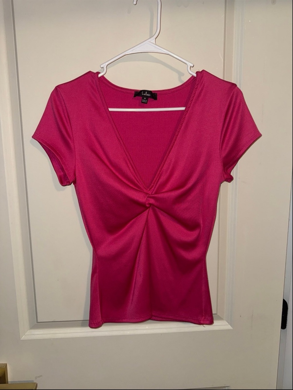 Lulu's Hot Pink Twist-Front V-Neck Short Sleeve Top